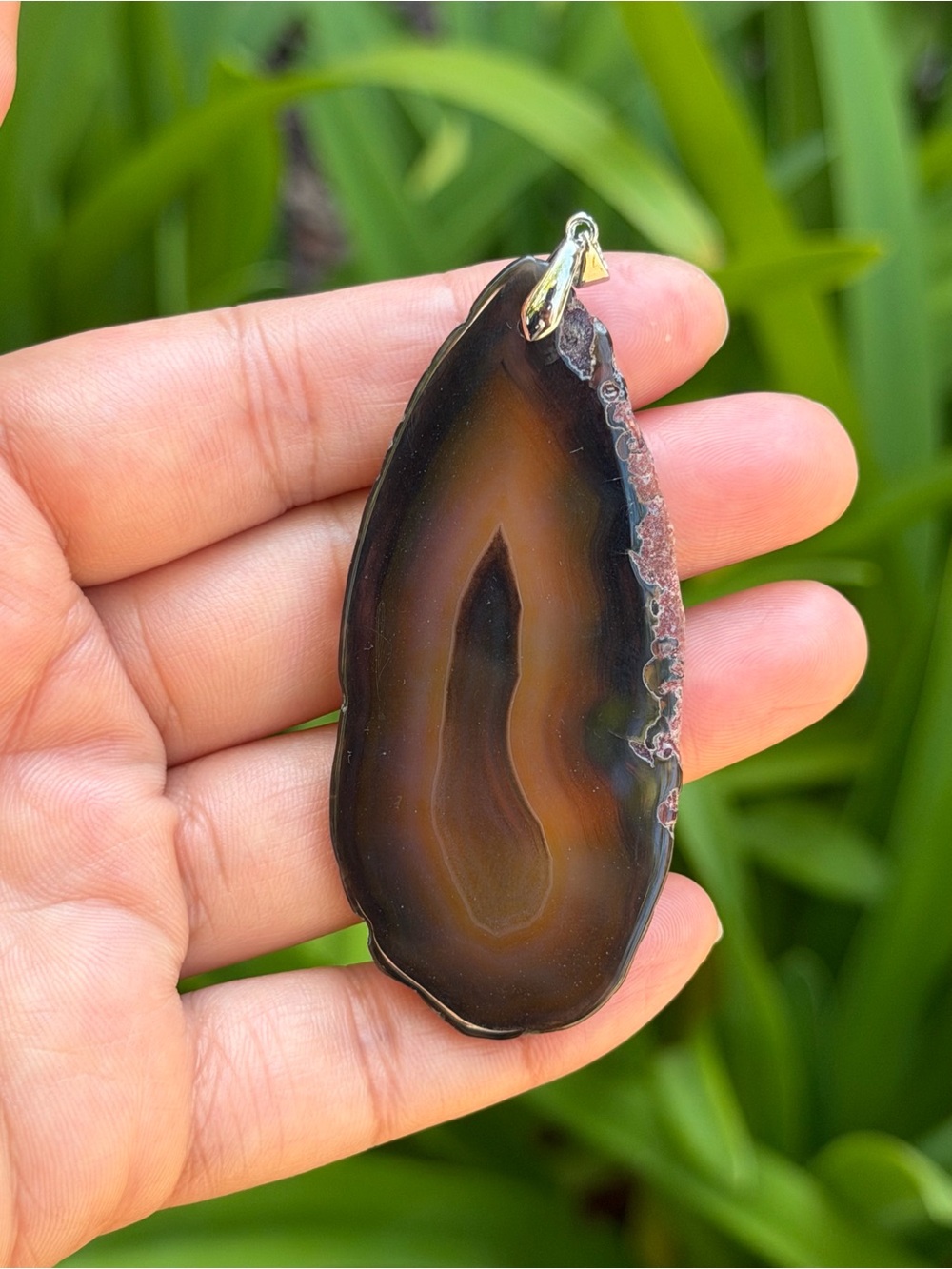 Sterling Silver 925 Long Banded Black and Orange Agate Pendant 2550 - Picture 5 of 6